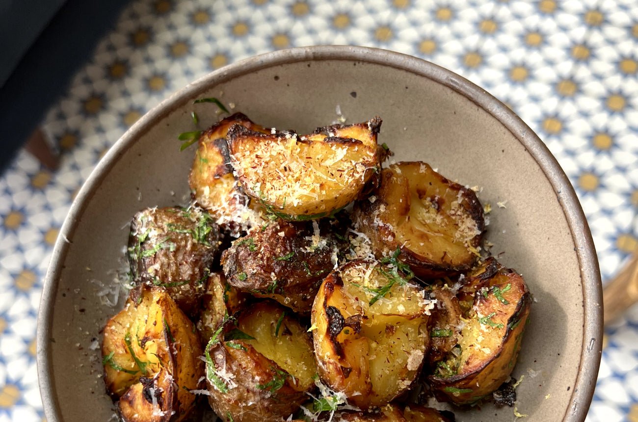 Crispy Saffron Potatoes Dipped in Preserved Lemon Hummus