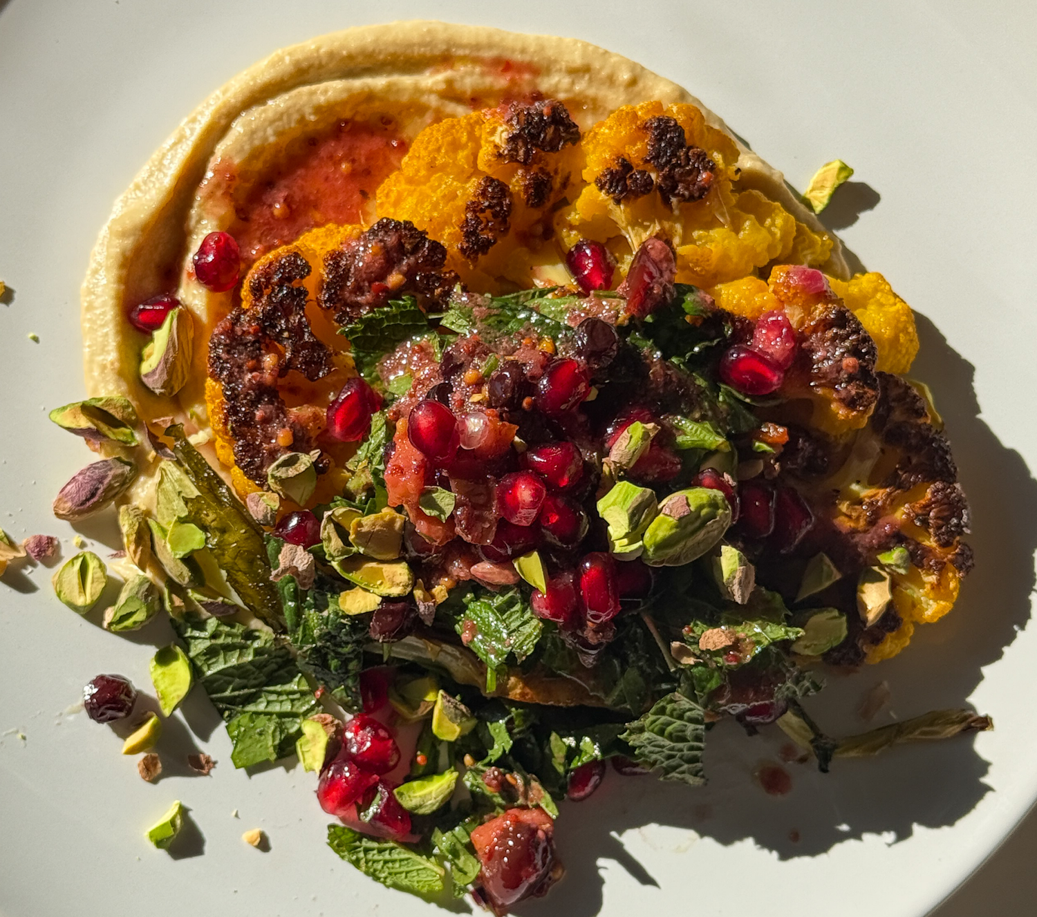 Cauliflower Steaks with Golden Garlic Hummus
