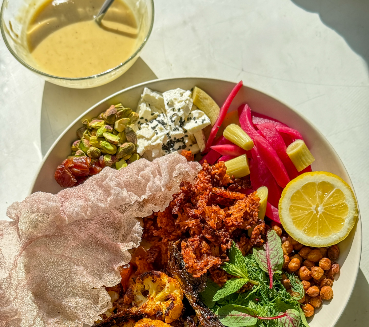 Harissa Crispy Rice Bowl with Preserved Lemon Hummus