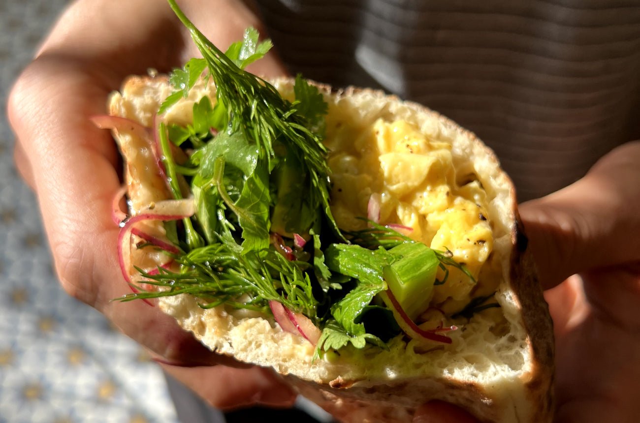 Pita Breakfast Sandwich with Preserved Lemon Hummus