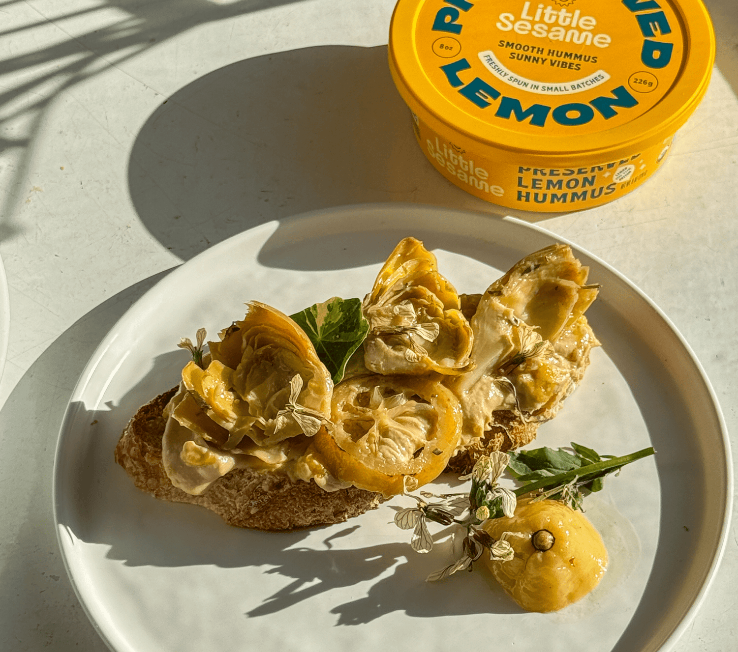 Preserved Lemon Hummus and Artichoke Toast